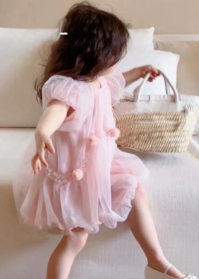 Art Pink O-Neck Patchwork Solid Tulle Baby Mid Dress Short Sleeve - Image 3