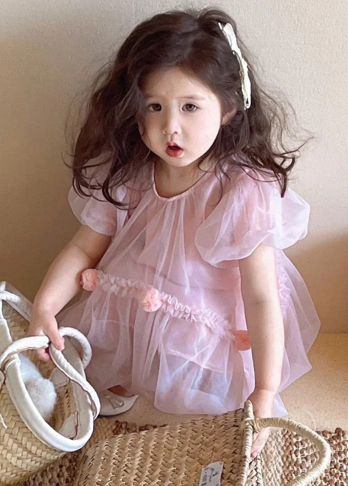 Art Pink O-Neck Patchwork Solid Tulle Baby Mid Dress Short Sleeve - Image 4