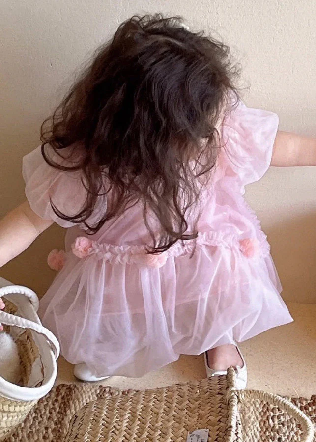 Art Pink O-Neck Patchwork Solid Tulle Baby Mid Dress Short Sleeve - Image 5