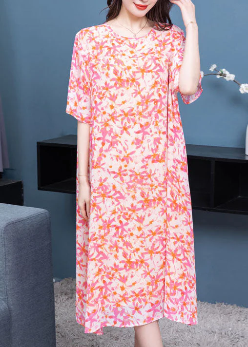 Art Pink O Neck Print Patchwork Chiffon Dresses Summer - Image 2