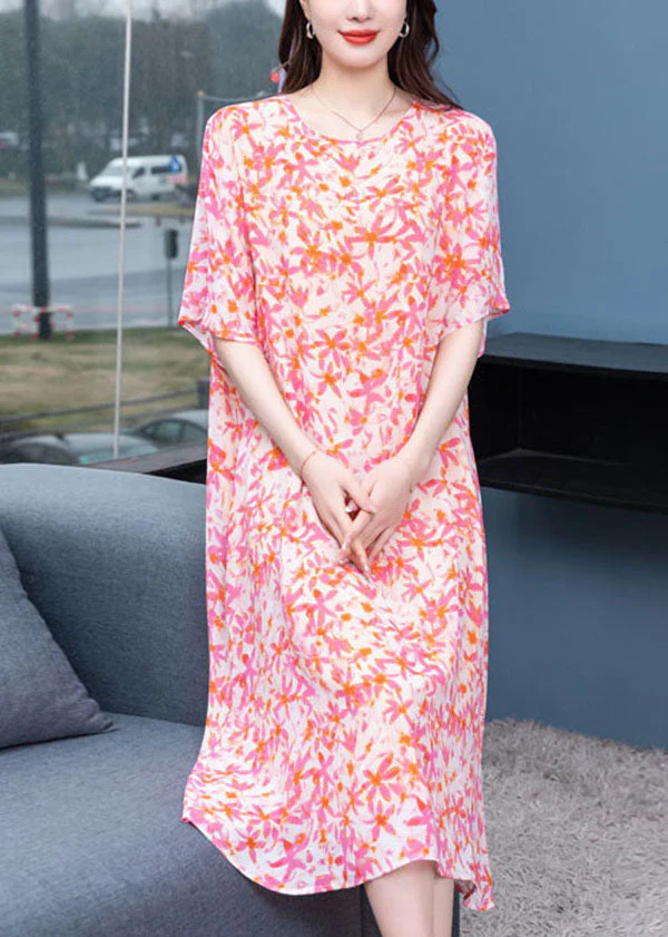 Art Pink O Neck Print Patchwork Chiffon Dresses Summer - Image 3