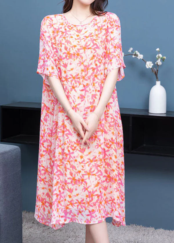 Art Pink O Neck Print Patchwork Chiffon Dresses Summer - Image 4