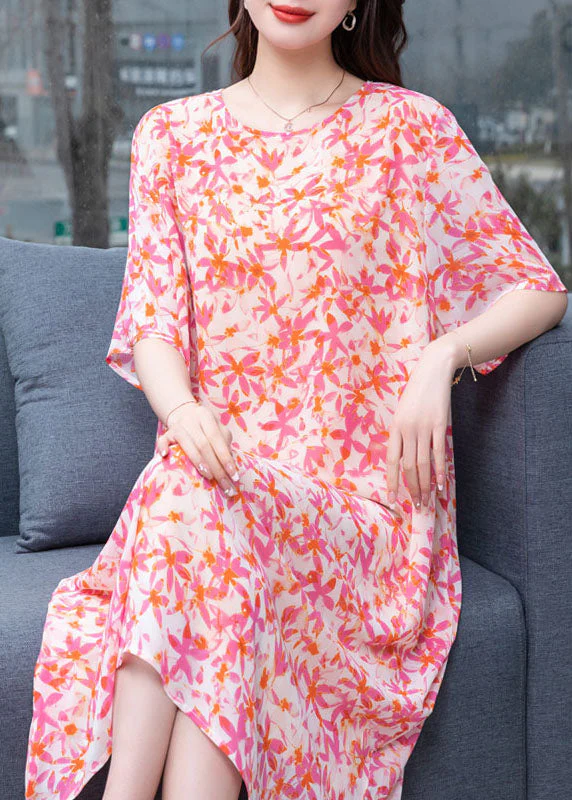 Art Pink O Neck Print Patchwork Chiffon Dresses Summer - Image 5