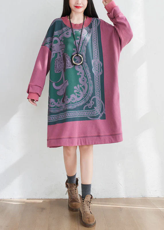 Art Pink Oversized Print Cotton Pullover Sweatshirt Dress Spring - Image 2