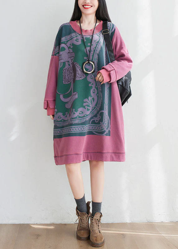 Art Pink Oversized Print Cotton Pullover Sweatshirt Dress Spring - Image 3