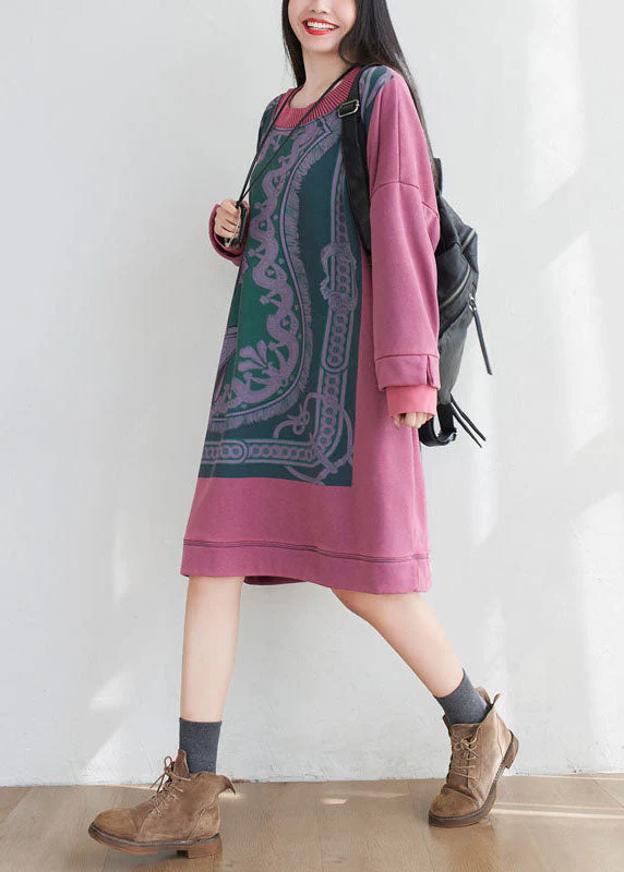 Art Pink Oversized Print Cotton Pullover Sweatshirt Dress Spring - Image 4