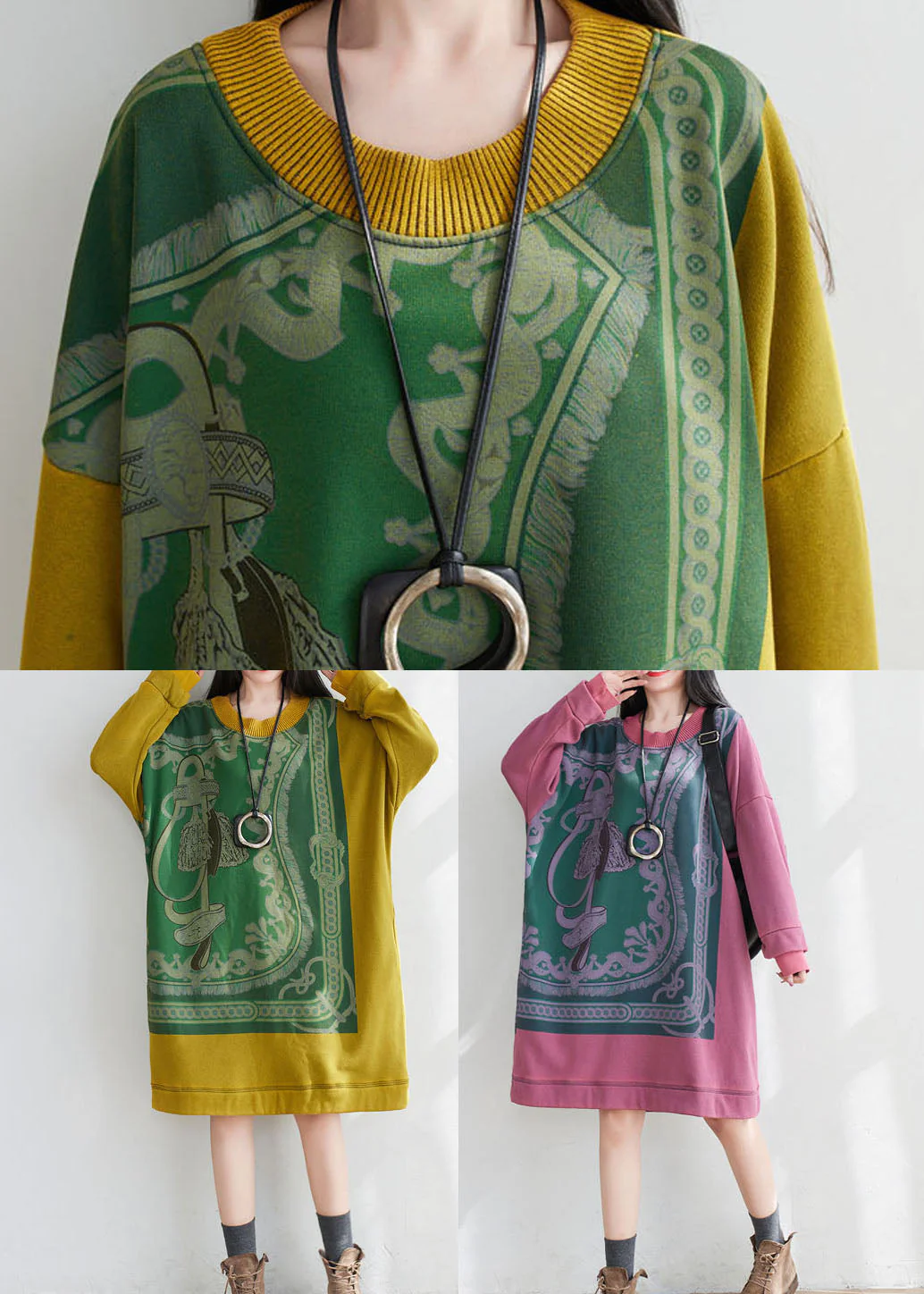 Art Pink Oversized Print Cotton Pullover Sweatshirt Dress Spring - Image 5