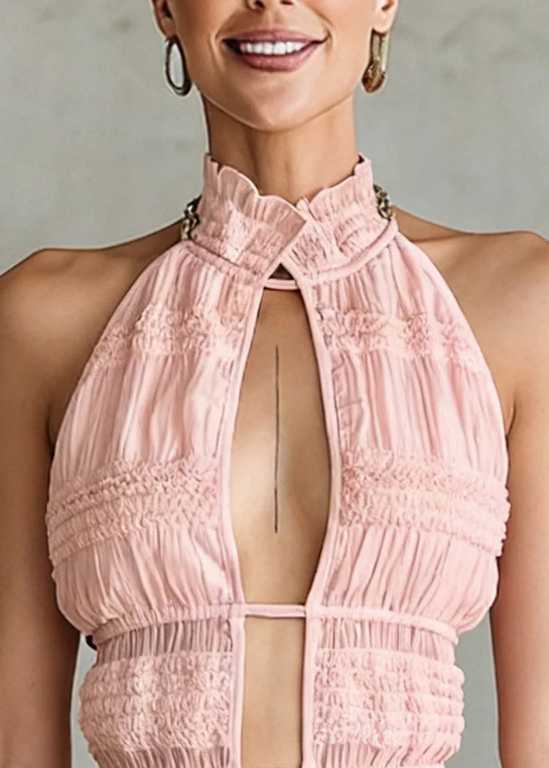 Art Pink Ruffled Hollow Out Lace Up Cotton Tank Sleeveless - Image 2