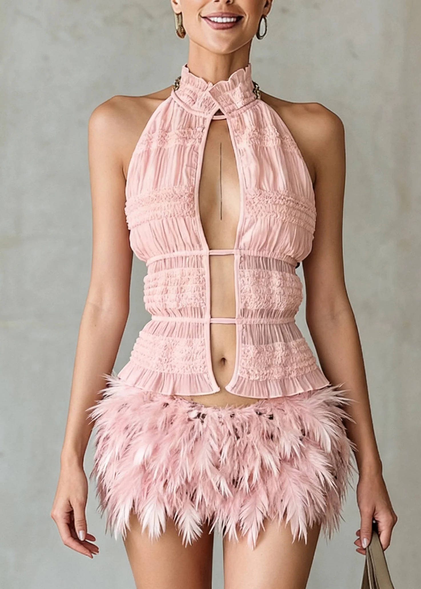 Art Pink Ruffled Hollow Out Lace Up Cotton Tank Sleeveless - Image 3