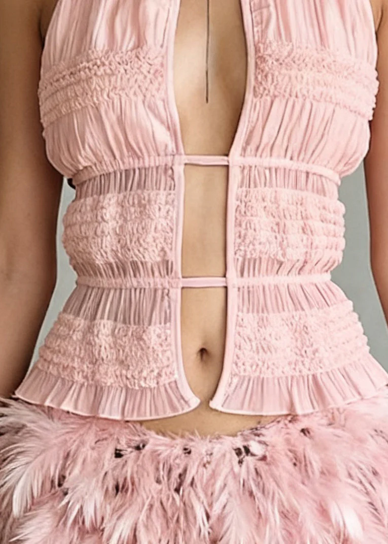 Art Pink Ruffled Hollow Out Lace Up Cotton Tank Sleeveless - Image 4