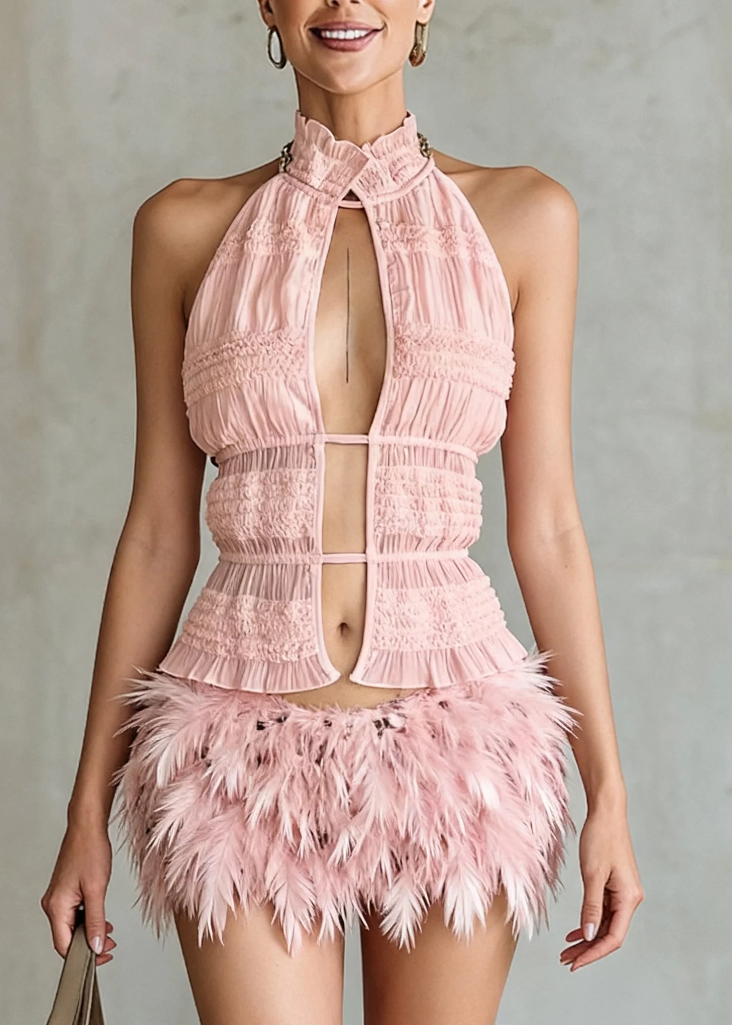 Art Pink Ruffled Hollow Out Lace Up Cotton Tank Sleeveless - Image 5