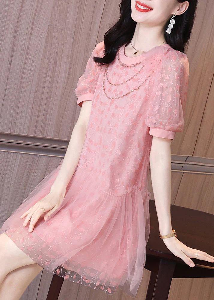 Art Pink Ruffled Patchwork Tulle Party Mid Dress Short Sleeve - Image 2
