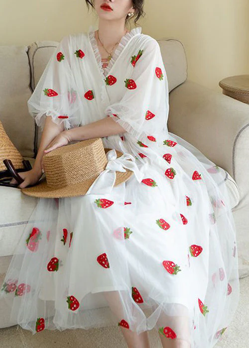 Art Pink Ruffled Print Patchwork Tulle Long Dress Half Sleeve - Image 2