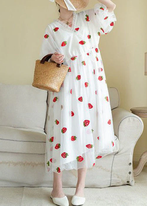 Art Pink Ruffled Print Patchwork Tulle Long Dress Half Sleeve - Image 3