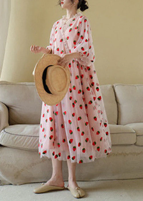 Art Pink Ruffled Print Patchwork Tulle Long Dress Half Sleeve - Image 4