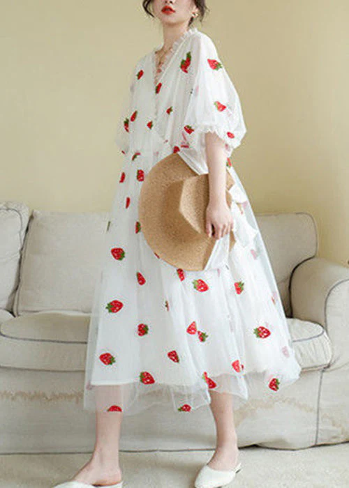 Art Pink Ruffled Print Patchwork Tulle Long Dress Half Sleeve - Image 5