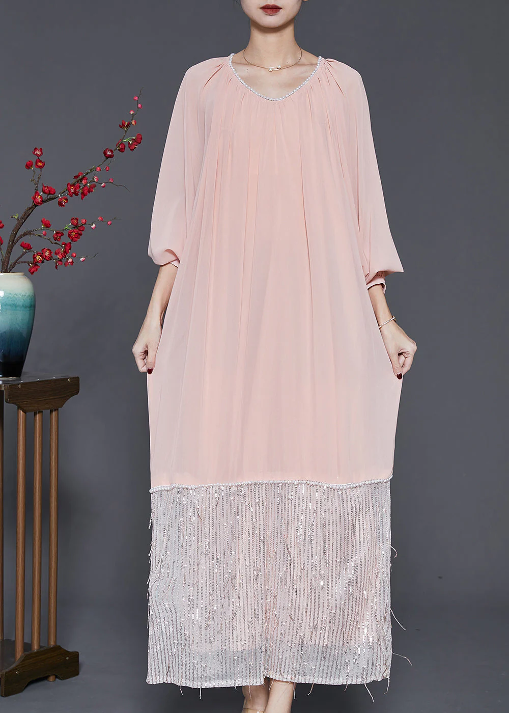 Art Pink Tasseled Patchwork Chiffon Ankle Dress Spring - Image 2