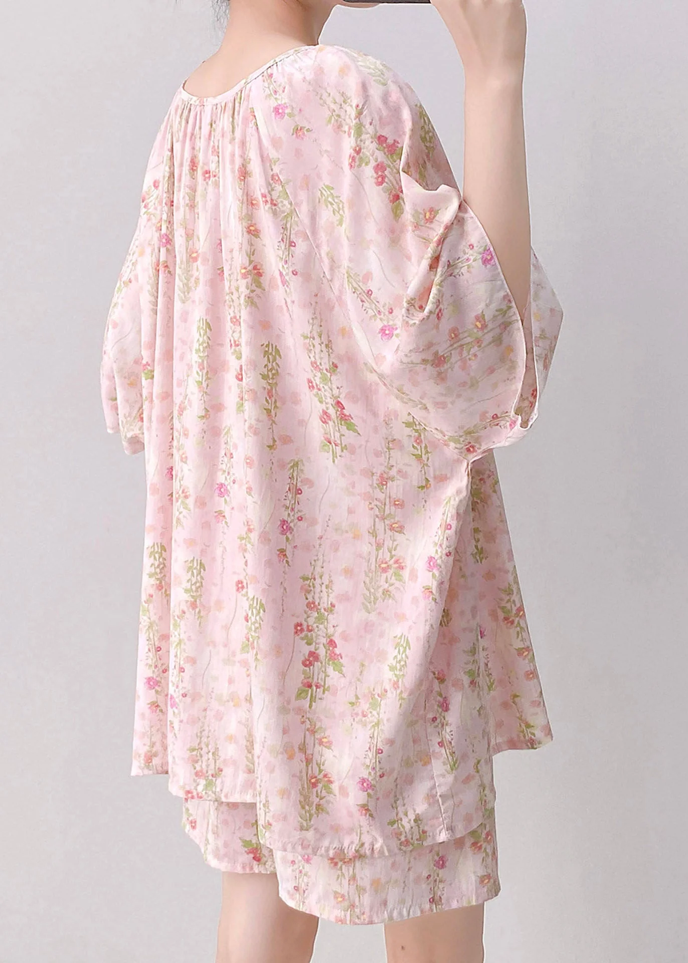 Art Pink Tie Lace Top And Shorts Pajama Set Summer - Image 5