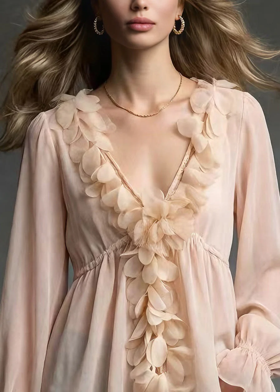 Art Pink V Neck Petal Chiffon Shirt Tops Spring - Image 2