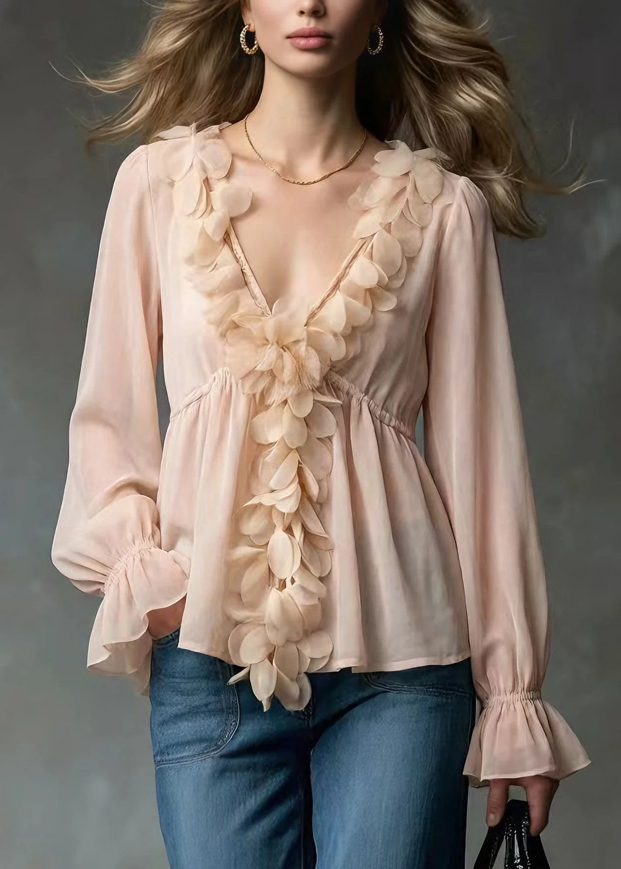 Art Pink V Neck Petal Chiffon Shirt Tops Spring - Image 3
