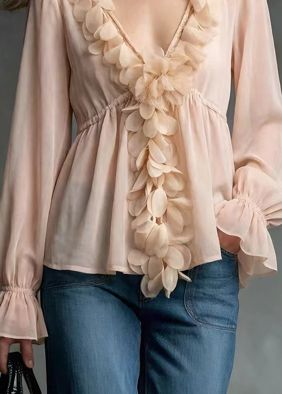 Art Pink V Neck Petal Chiffon Shirt Tops Spring - Image 4