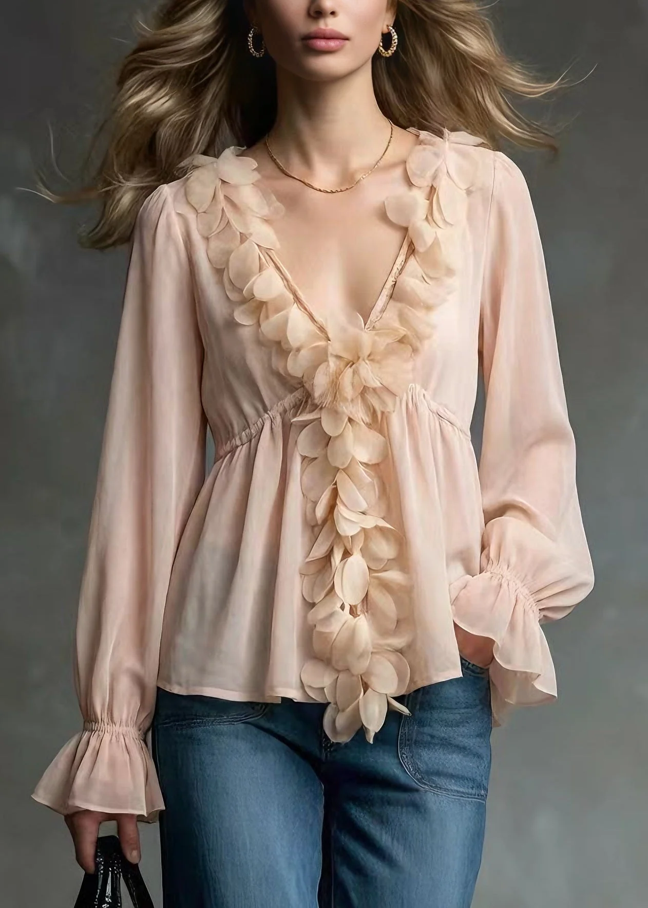 Art Pink V Neck Petal Chiffon Shirt Tops Spring - Image 5
