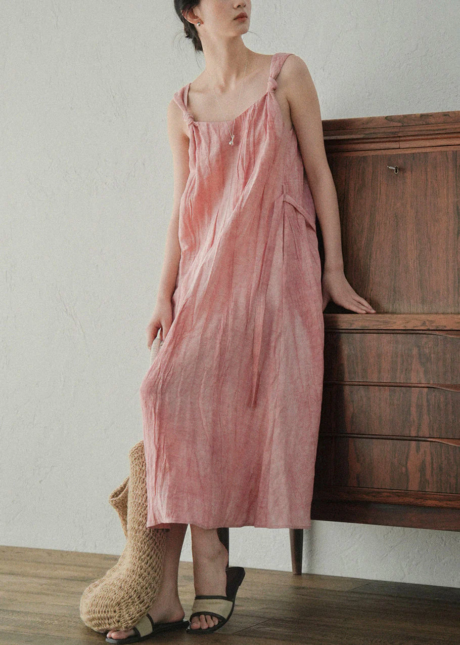 Art Pink Wear On Both Sides Tie Waist Linen Spaghetti Strap Dress Sleeveless - Image 2