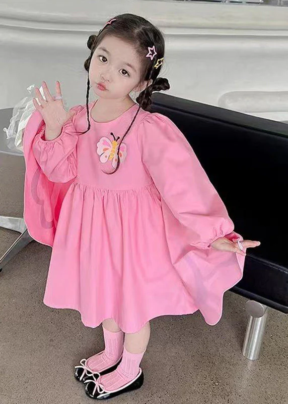 Art Pink Wrinkled Patchwork Girls Holiday Dress Long Sleeve - Image 3
