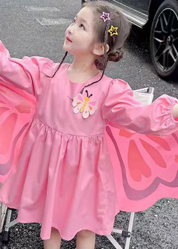 Art Pink Wrinkled Patchwork Girls Holiday Dress Long Sleeve - Image 5