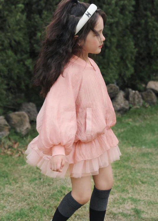 Art Pink Zip Up Pockets Patchwork Tulle Girls Dress Fall - Image 4