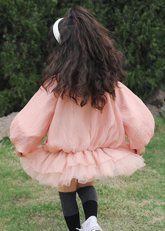 Art Pink Zip Up Pockets Patchwork Tulle Girls Dress Fall - Image 5