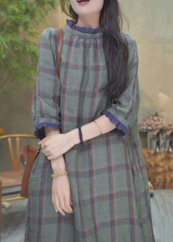 Art Plaid Ruffled Pockets Cotton Long Dress Bracelet Sleeve - Image 3