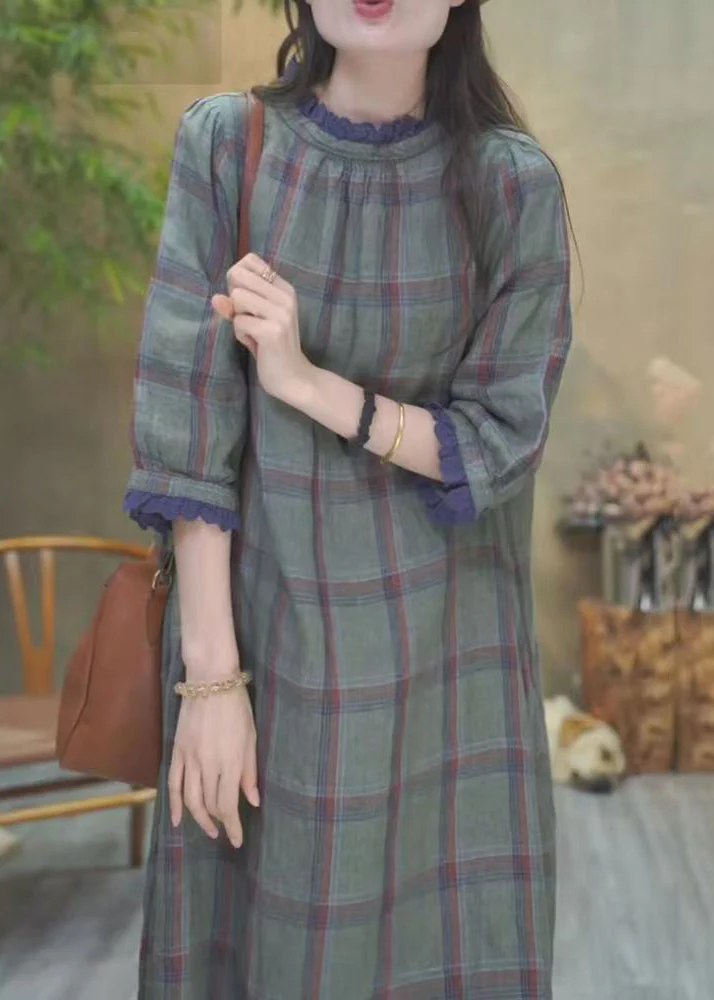 Art Plaid Ruffled Pockets Cotton Long Dress Bracelet Sleeve - Image 4