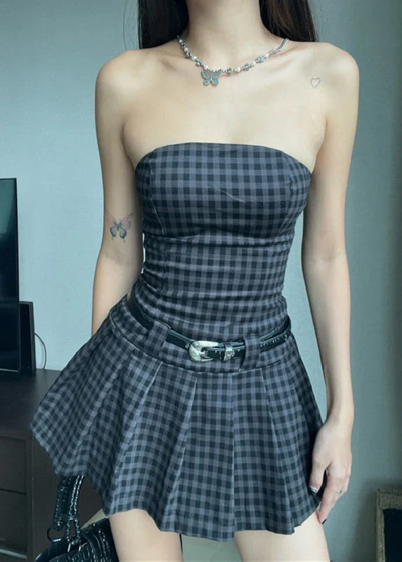 Art Plaid Strapless Backless Cotton Mid Dress Sleeveless - Image 2