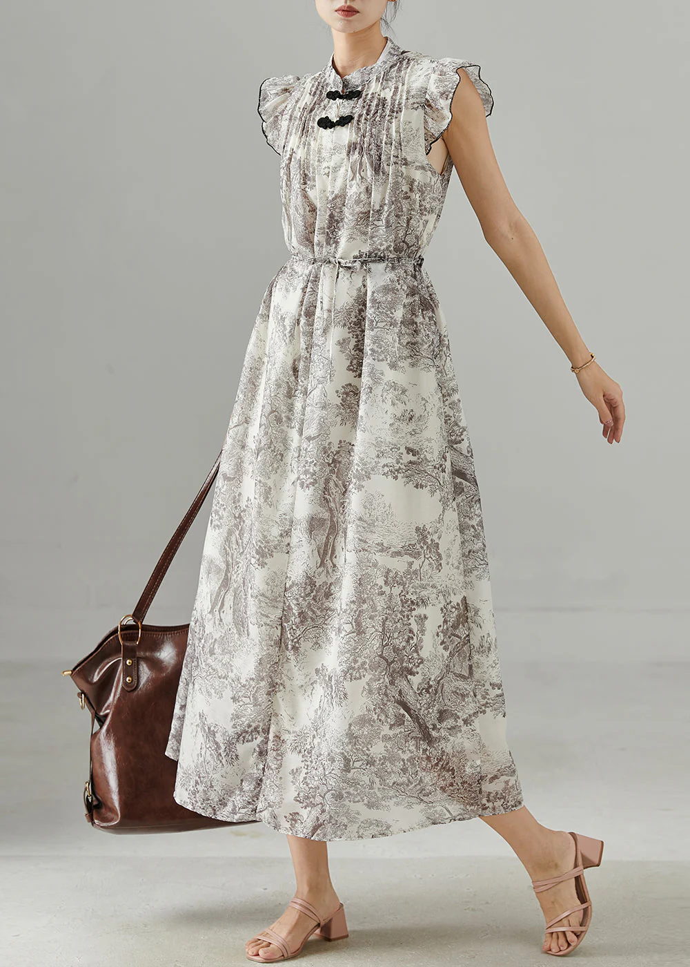 Art Print Chinese Button Chiffon Dress Butterfly Sleeve - Image 2