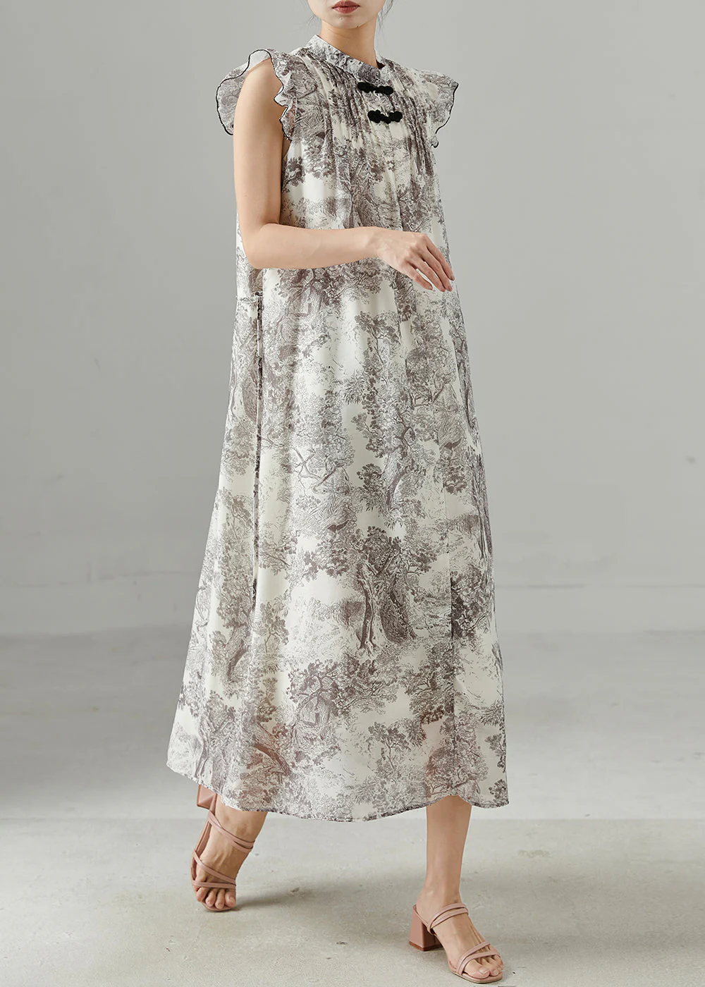 Art Print Chinese Button Chiffon Dress Butterfly Sleeve - Image 3