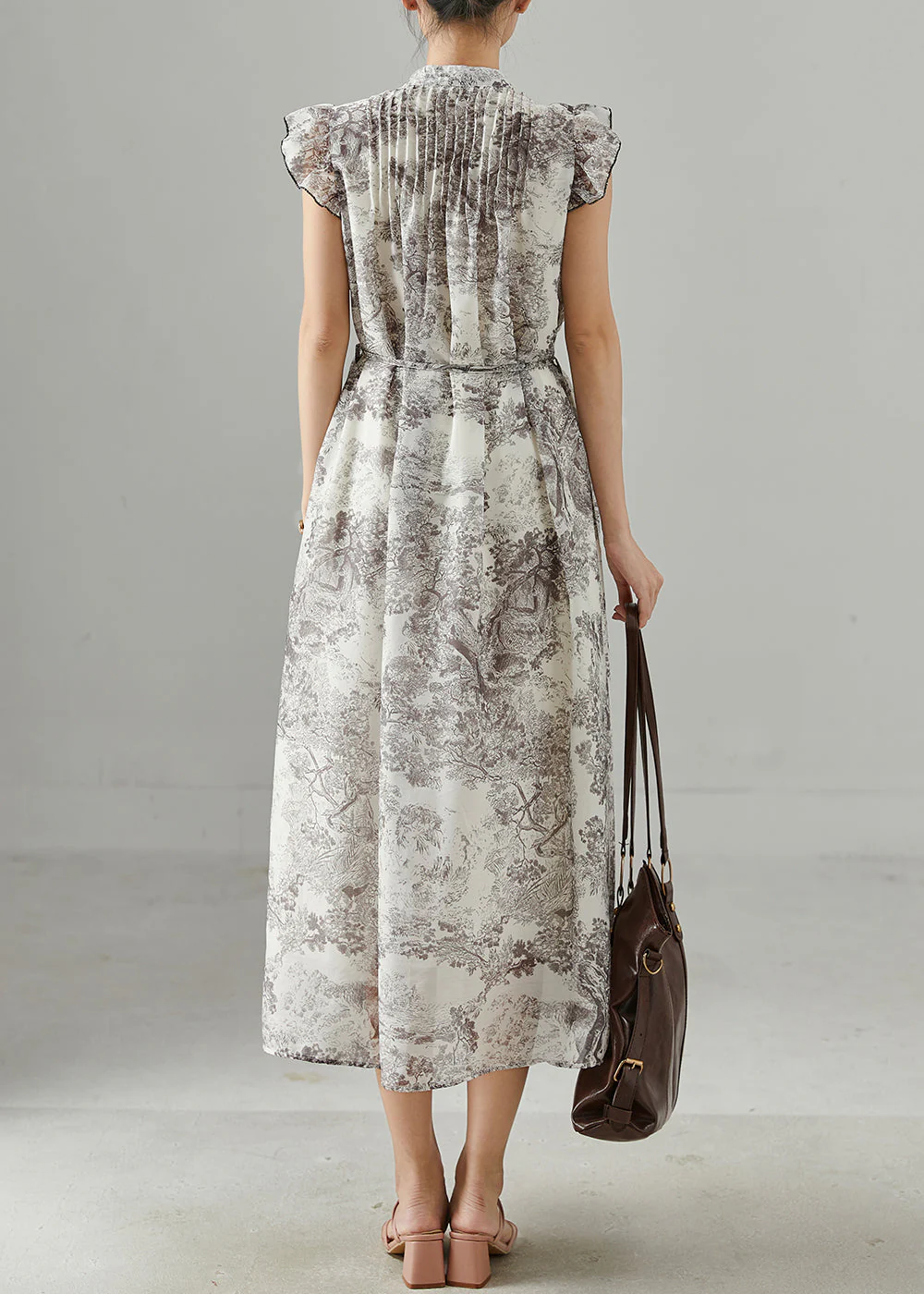 Art Print Chinese Button Chiffon Dress Butterfly Sleeve - Image 4