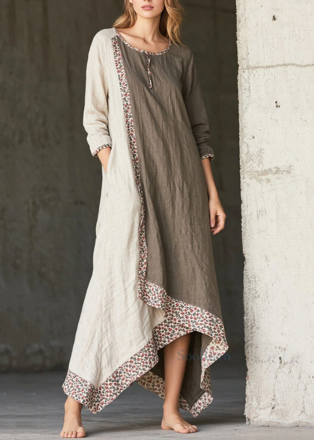 Art Print Patchwork Cotton Maxi Dresses Asymmetrical Spring - Image 3