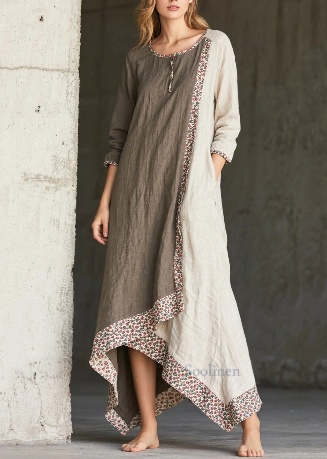 Art Print Patchwork Cotton Maxi Dresses Asymmetrical Spring - Image 5