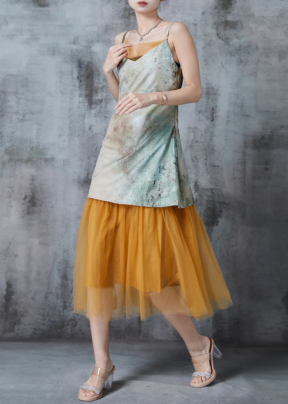 Art Print Patchwork Tulle Spaghetti Strap Dress Summer - Image 3