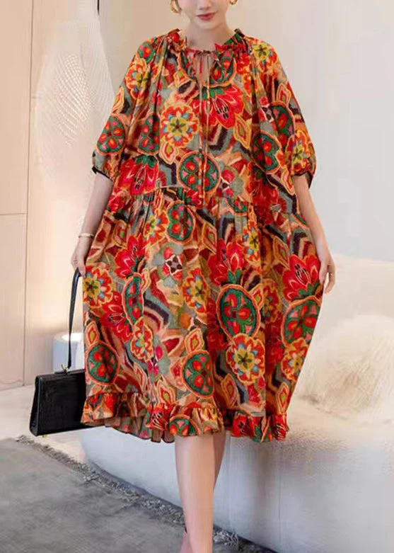Art Print Ruffled Laxe Up Patchwork Cotton Dress Half Sleeve - Image 2