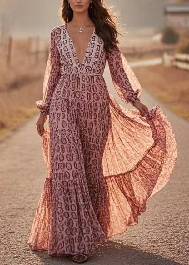 Art Print Tunic Chiffon Vacation Maxi Dresses Spring - Image 3