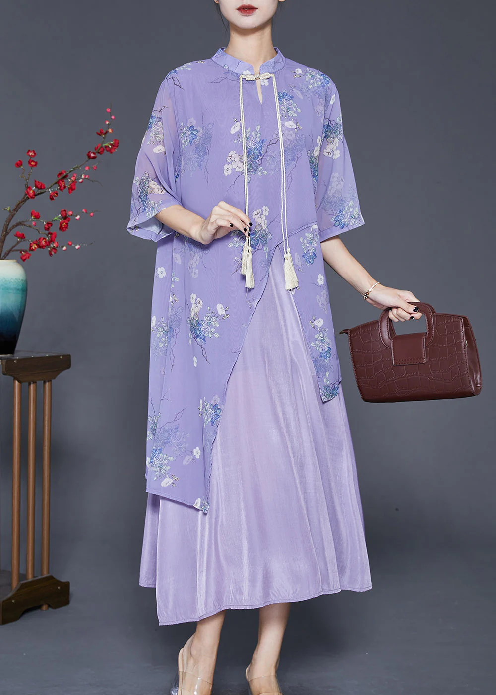 Art Purple Asymmetrical Patchwork Silk Chinese Style Dress Summer - Image 2