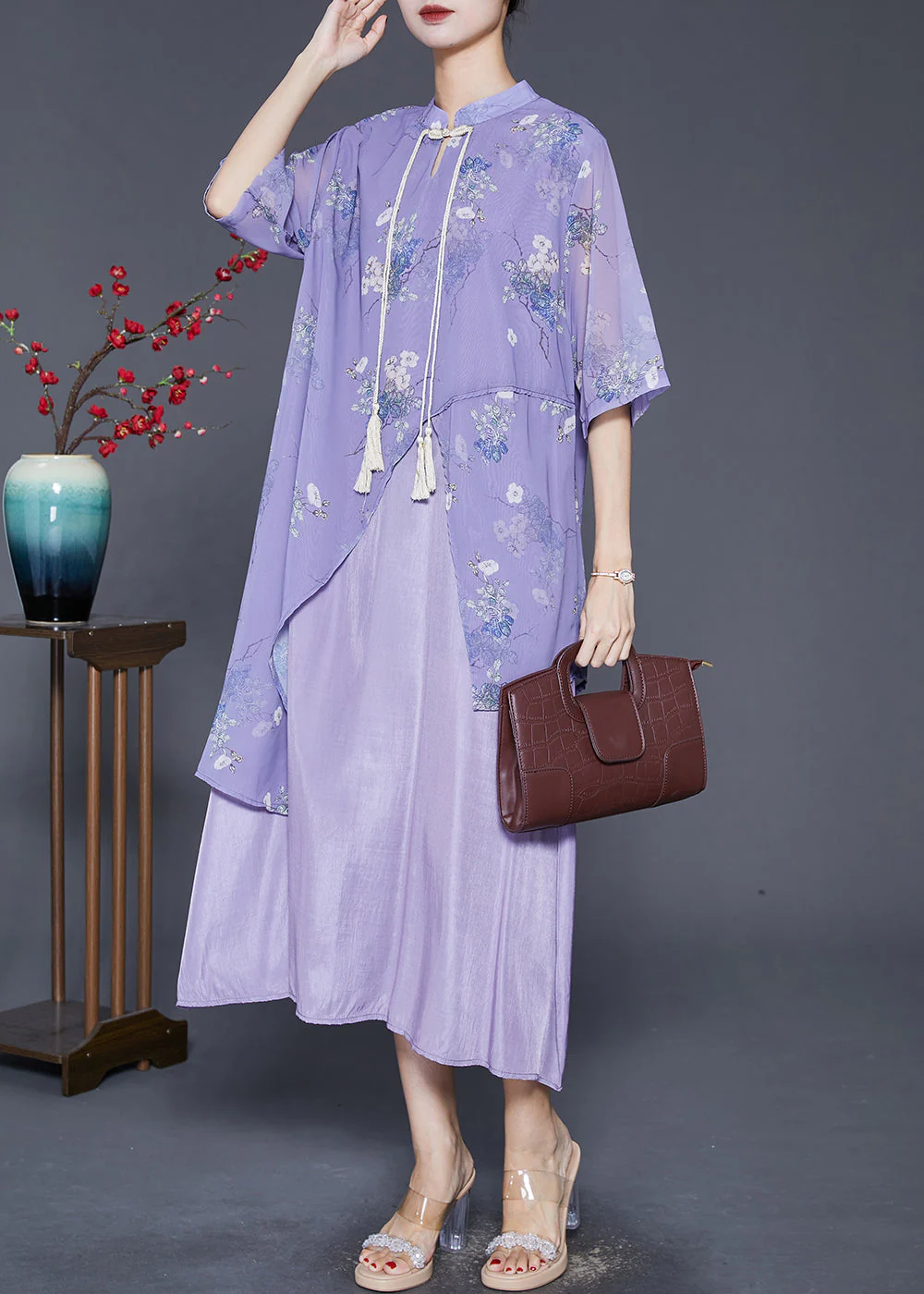 Art Purple Asymmetrical Patchwork Silk Chinese Style Dress Summer - Image 3