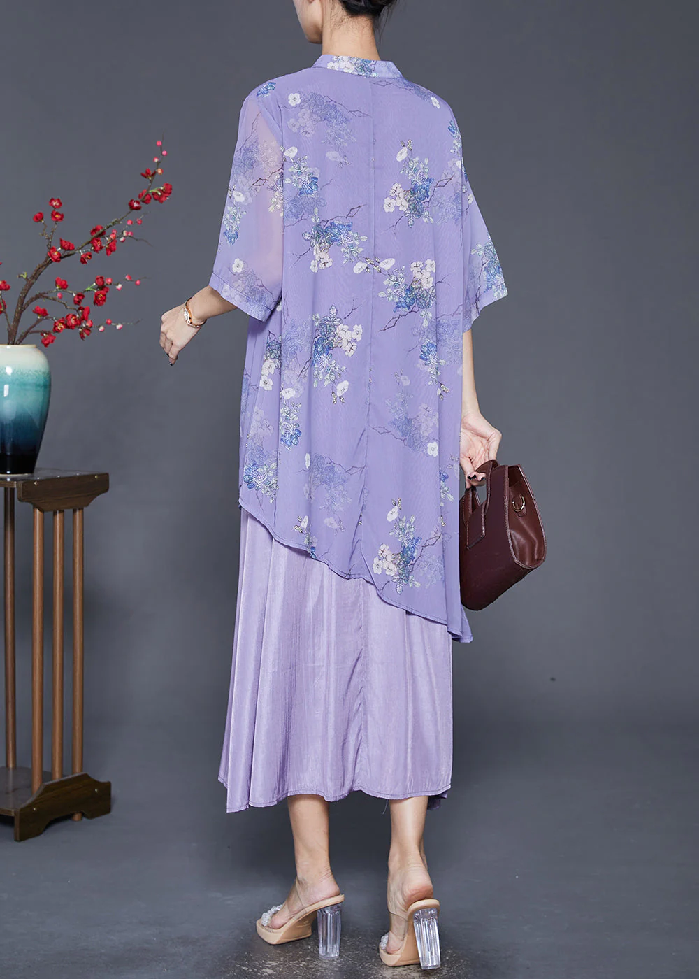 Art Purple Asymmetrical Patchwork Silk Chinese Style Dress Summer - Image 4