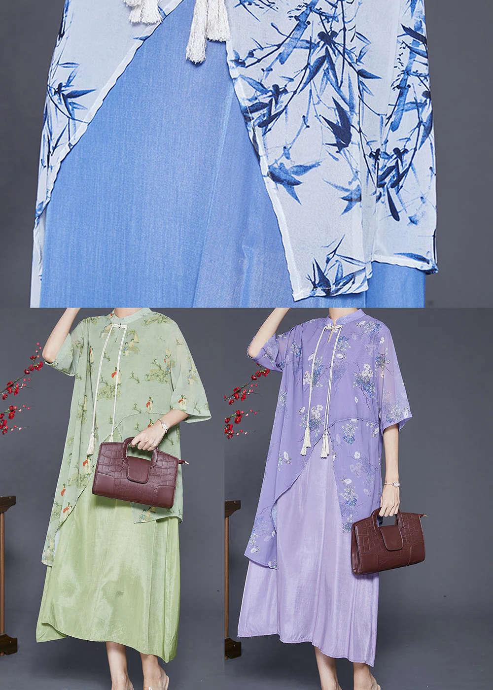 Art Purple Asymmetrical Patchwork Silk Chinese Style Dress Summer - Image 5