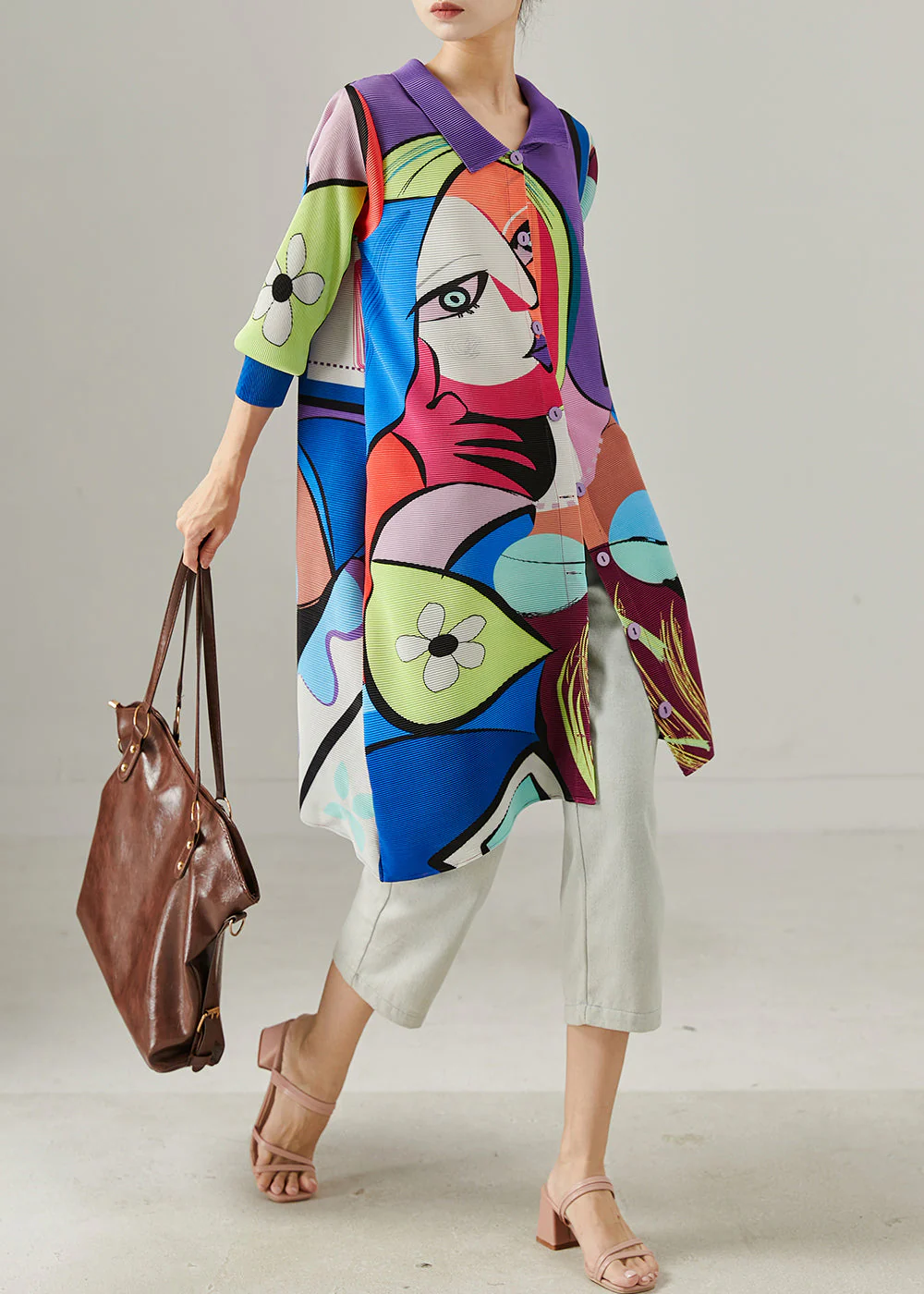 Art Purple Character Print Cotton Shirt Dress Spring - Image 3