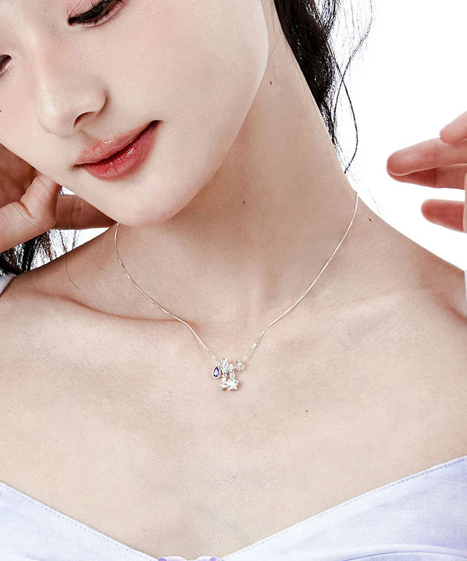 Art Purple Crystal Five Pointed Star Silver Pendant Necklace - Image 3
