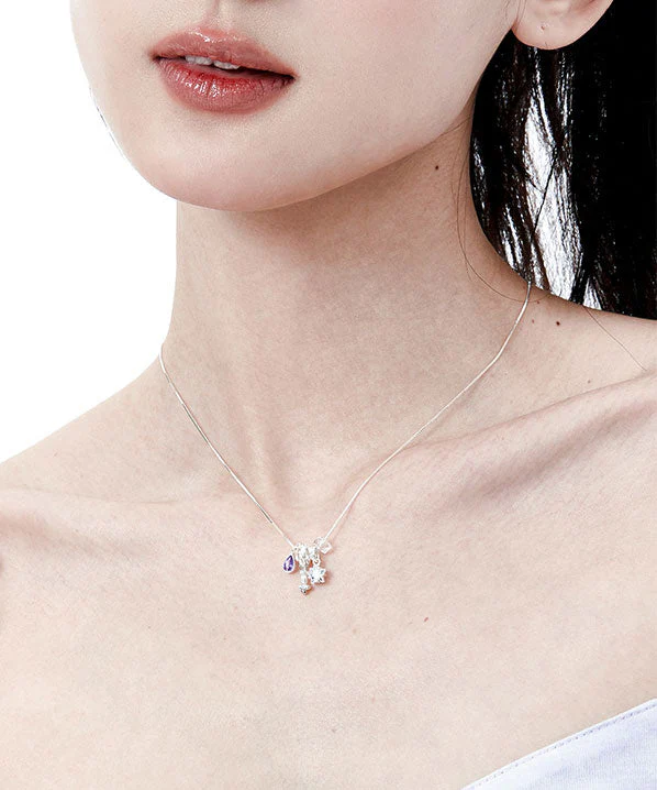 Art Purple Crystal Five Pointed Star Silver Pendant Necklace - Image 4