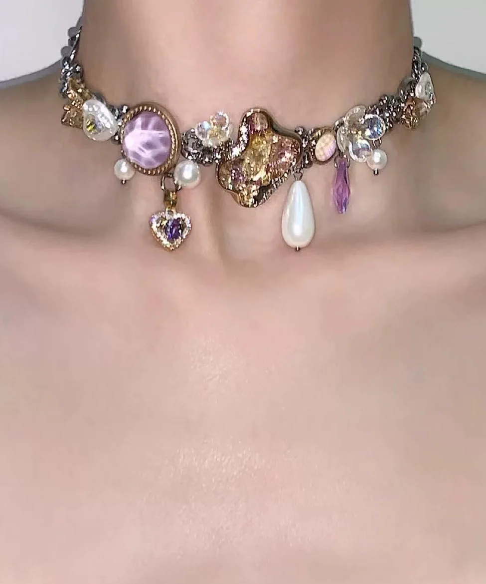 Art Purple Crystal Water Droplet Adjustable Titanium Steel Choker - Image 3